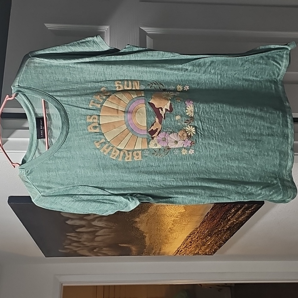 Lane Bryant Green Graphic Tee with Sun and Dog Design